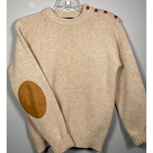 Polo Ralph Lauren Pullover M 100% Wool Rib Knit Sweater Leather Elbow Oatmeal